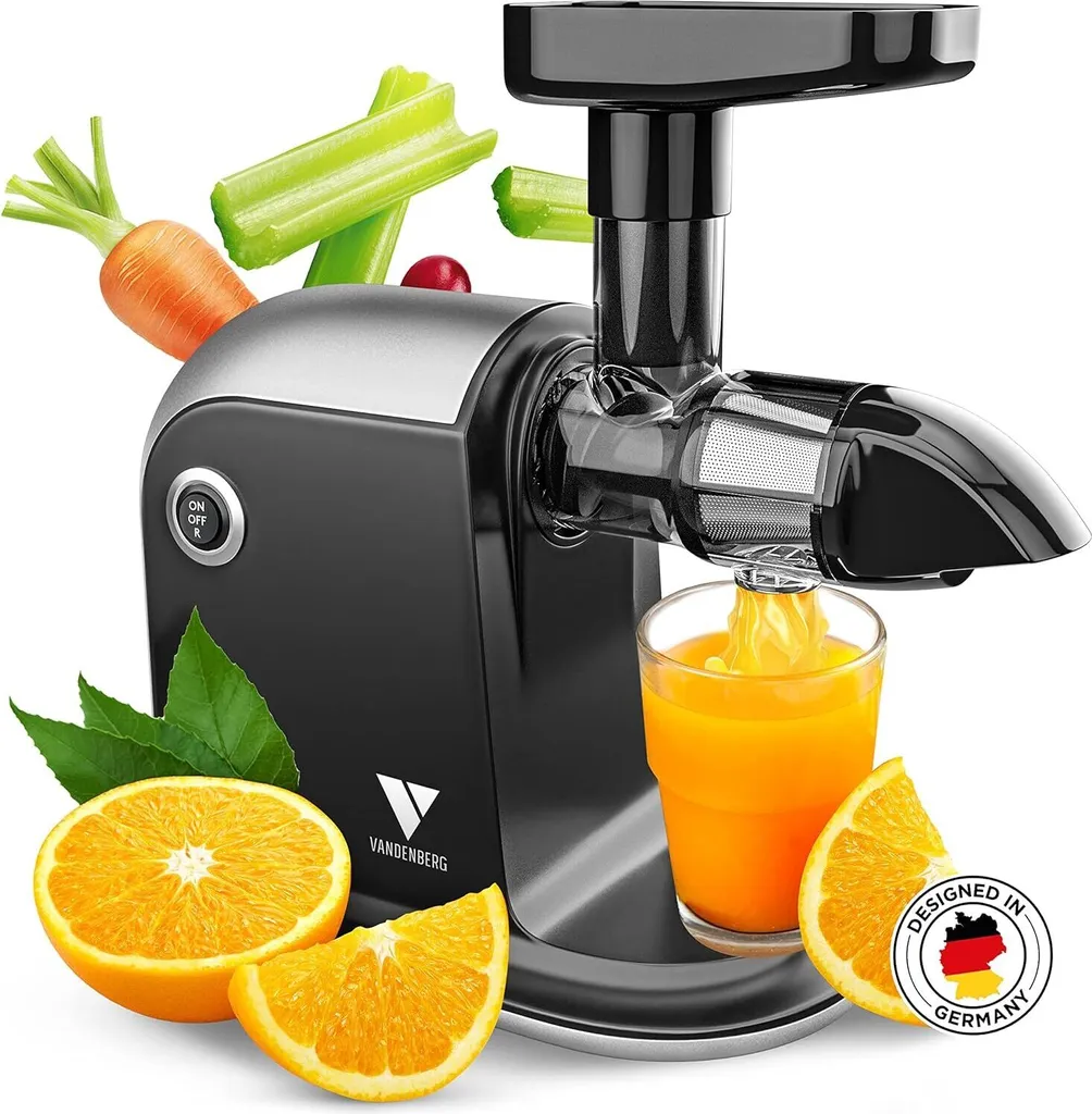 Kronenburg Vandenberg [THE ORIGINAL] - Slow Juicer - Juicer for Vegetables and Fruits - [150 W] Vitamin-Preserving Fruit Juicer with Reverse Function, Includes Cleaning Brush - BPA Free