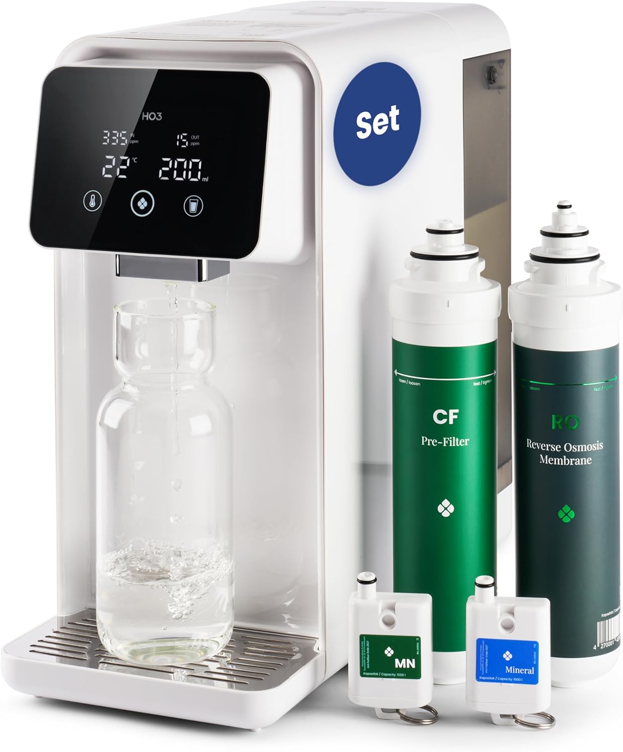HO3 Home One Countertop Osmosis System for Drinking Water with 4 Temperature Levels (RT, 50, 85, 95°C), 5 Levels Water Output, with Real Time TDS, MicroShield Filter Technology, Water Filter (White)