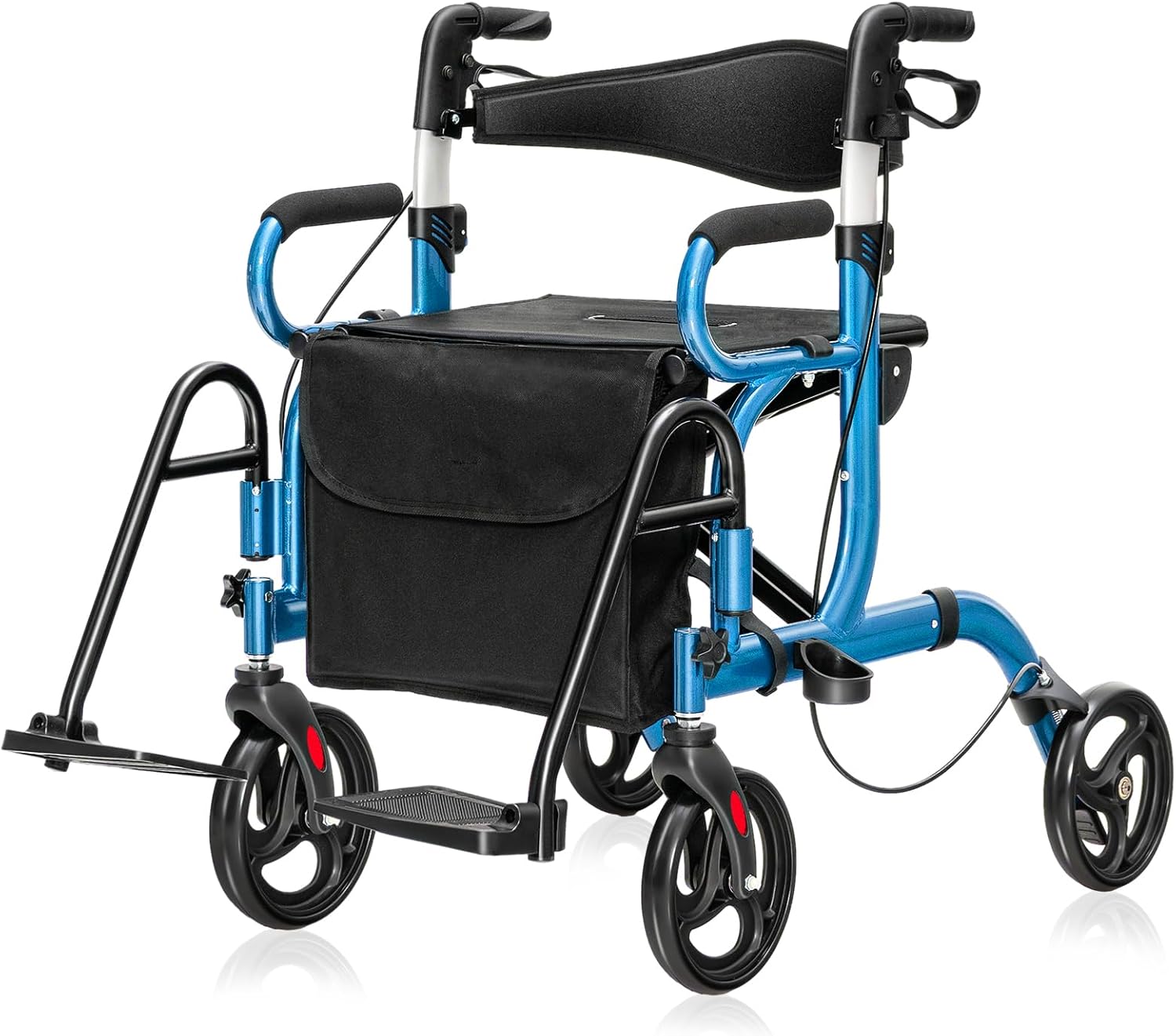 RELAX4LIFE 2-in-1 Wheelchair Rollator Foldable and Lightweight with Seat, Rollators 6-Way Height Adjustable, Lightweight Travel Rollator Aluminum, Walking Aid with Rubber Tires, Bag, Stick Holder