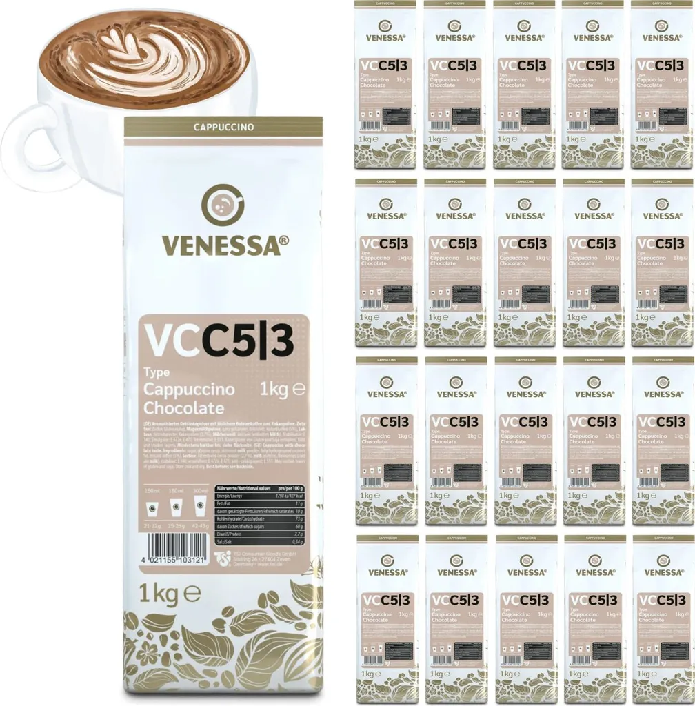 TSI Consumer Goods VENESSA Cappuccino Chocolate VC5/3 Flavored Beverage Powder 20 x 1kg with instant coffee and cocoa powder - Creamy with a delicate cocoa note 20000g