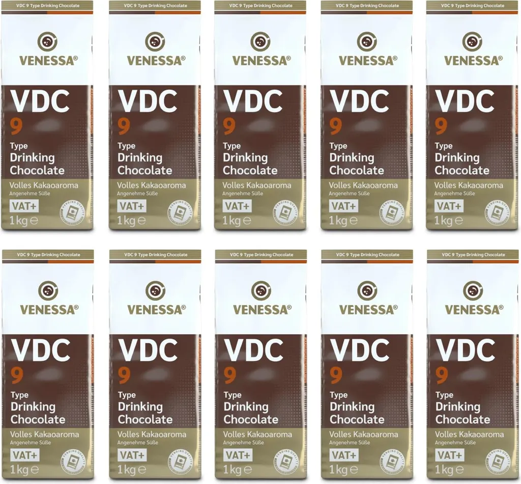 TSI Consumer Goods VENESSA VDC 9 - Drinking Chocolate 10 x 1kg Bulk Pack - Cocoa-based drink powder with milk. 9% fat-reduced cocoa powder.