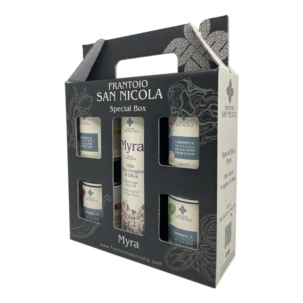 Win2Win Tech tasting box for extra virgin EVO oil, 1 Italian bottle of 250 ml, 1 lemon oil 100 ml, 1 chili oil 100 ml, 1 truffle oil 100 ml, 1 basil oil 100 ml, 1 x 250 ml + 4 x 100 ml