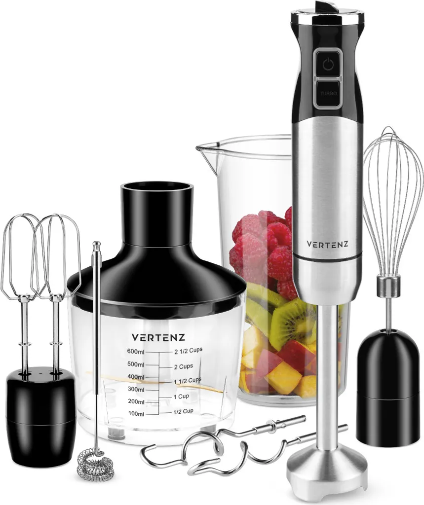 VERTENZ Titan | Electric Hand Blender | 1400 W | 600 ml Mixing and Measuring Beaker | Whisk, Spiral Beater, Dough Hook | 860 ml Chopper | Black
