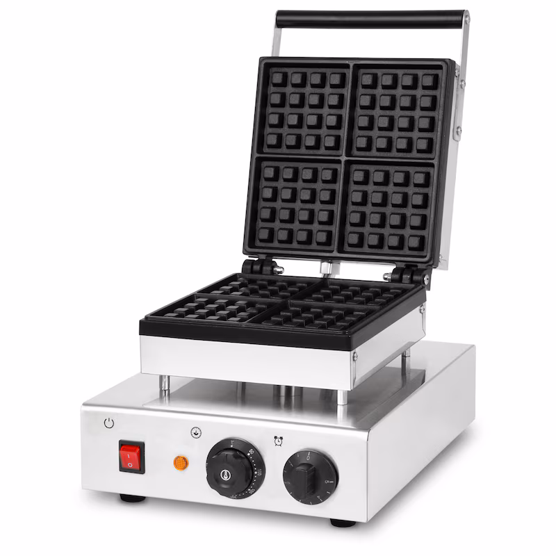 VERTES Belgian Waffle Iron, 4 waffle irons, 80 waffles/hour, 0-300°C, timer, Teflon-coated, cast iron, stainless steel, 1600W