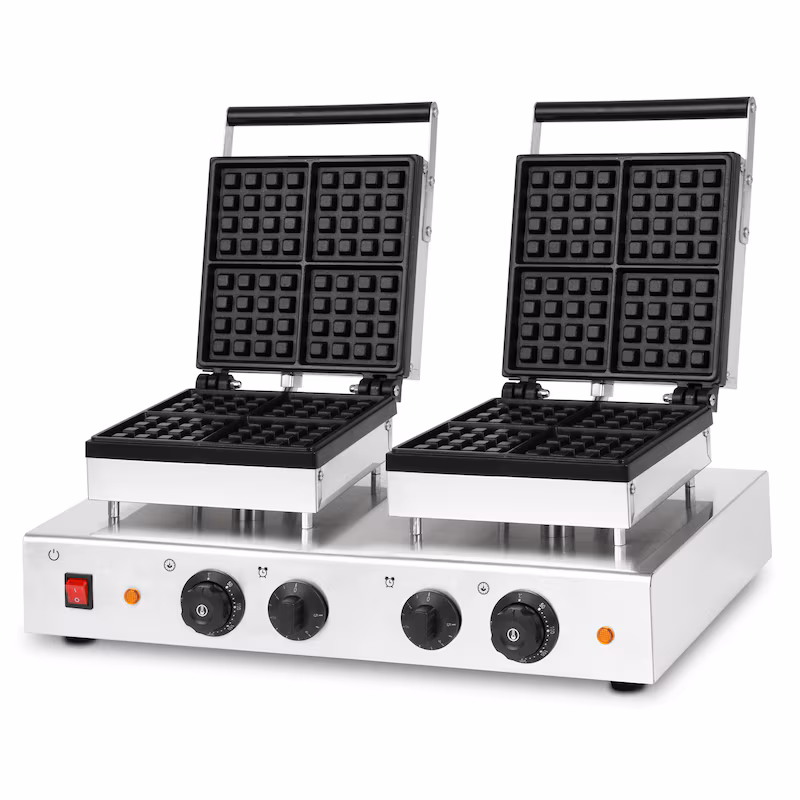 VERTES Double Belgian Waffle Iron, 8 waffles, 160 pieces/hour, 0-300°C, timer, Teflon-coated, stainless steel, 3200W