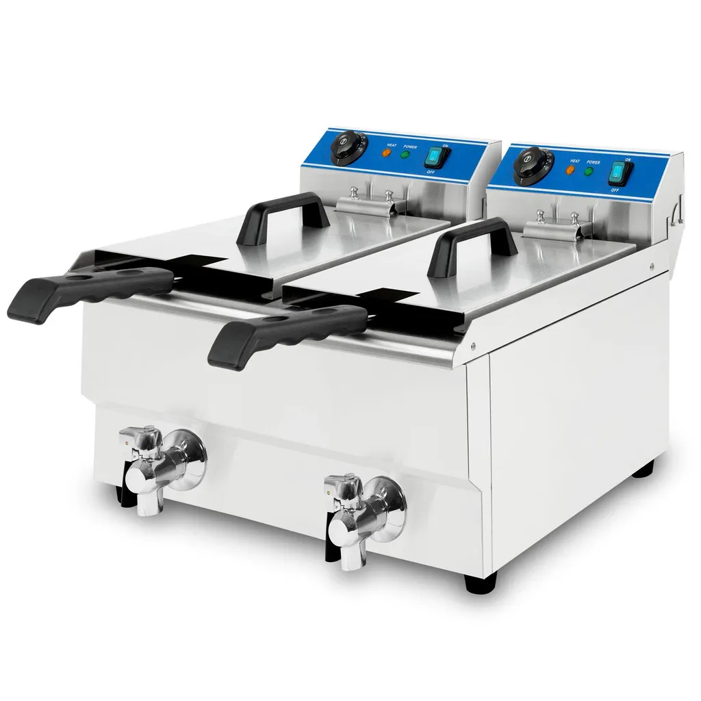 VERTES Double Deep Fryer made of stainless steel, 2 x 16 liter capacity, 60-200°C, 2 x 3000W, 2 x 230V, cold zone principle