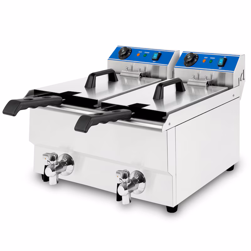 VERTES Double Deep Fryer made of stainless steel, 2 x 16 liter capacity, 60-200°C, 2 x 3000W, 2 x 230V, cold zone principle, easy cleaning, commercial deep fryer