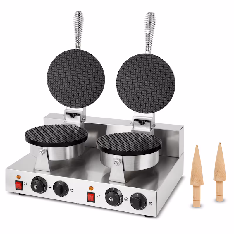Vertes Double Waffle Iron for Ice Cream Cones, 0–300°C Adjustable, 48 pieces/hour, Teflon, Timer, 2000W, Stainless Steel Housing