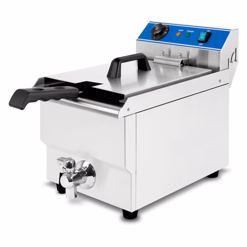 VERTES Stainless Steel Deep Fryer 16L, 50–200°C, 3000W, 230V, Cold Zone Principle, with Drain Tap, for Professionals, Easy Cleaning