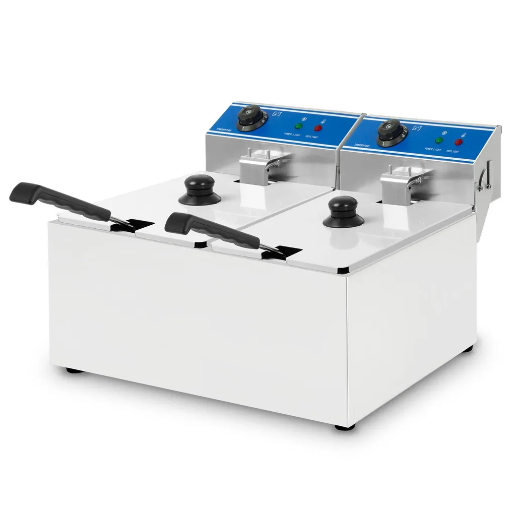 VERTES Deep Fryer, Stainless Steel, 2 x 8L (2 x 2.8kW, 230V, Cold Zone Principle, Infinitely Variable Temperature Control 60-200°C, 2 Frying Baskets)