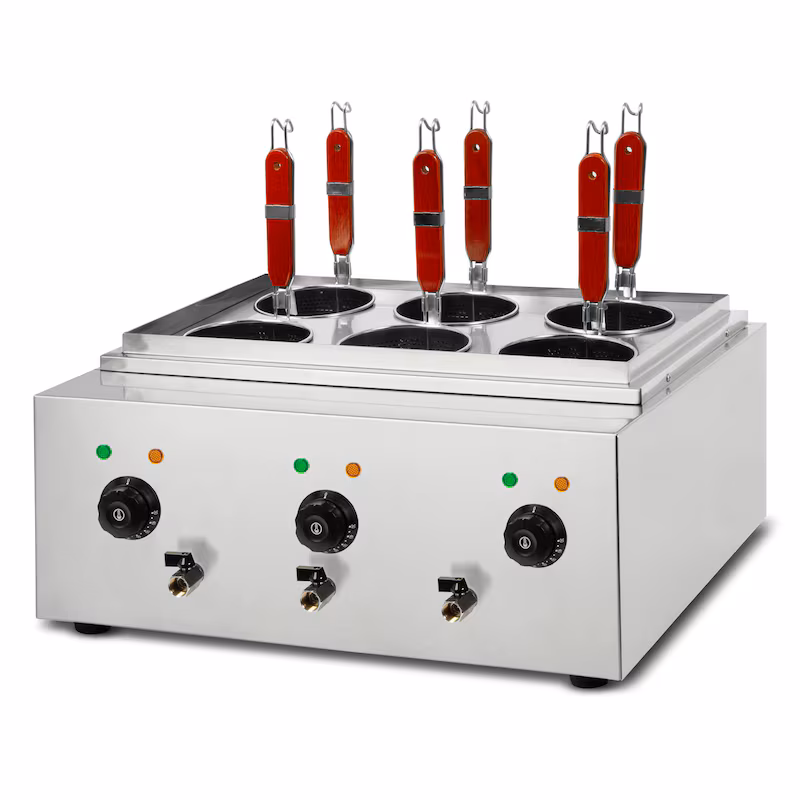 VERTES Gastro electric pasta cooker made of stainless steel, 3×1700 W, 3×6 L basins, 6 baskets, 3 drain taps, temperature control