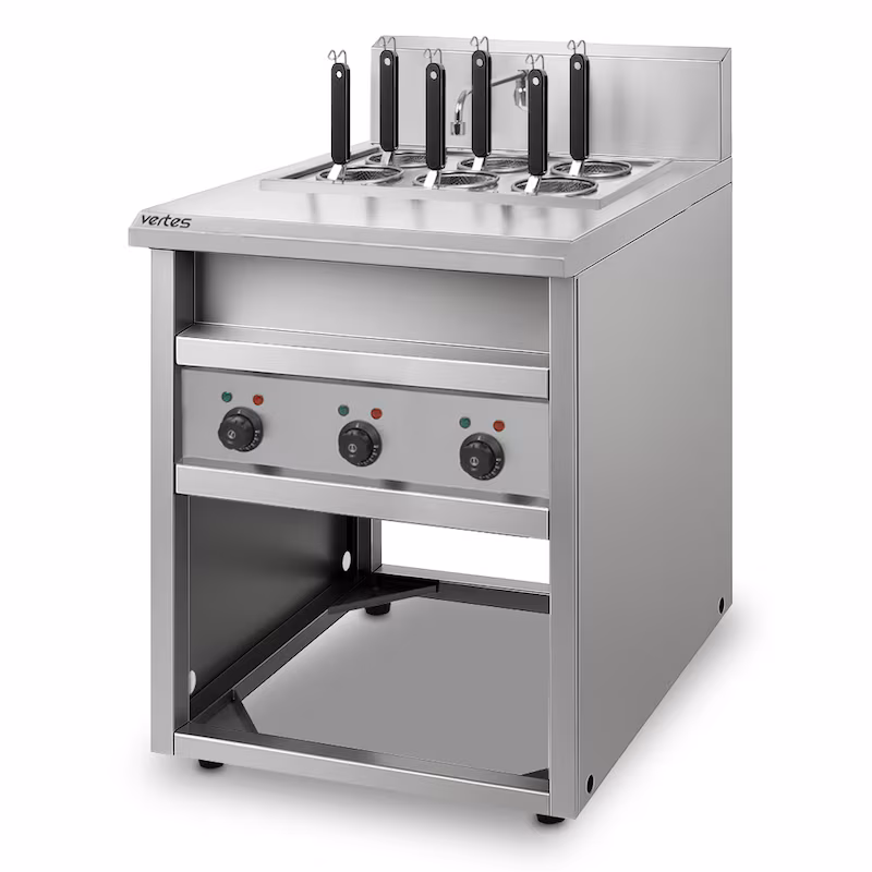 VERTES Gastro Pasta Cooker with Stand, Stainless Steel, Electric, 3 x 1700 Watts, 3 Separate Cooking Basins (14 Liters each), 6 Pasta Baskets