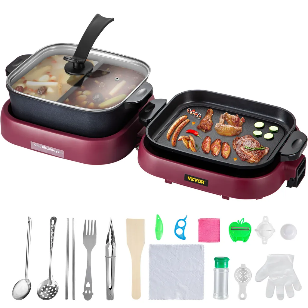 VEVOR 2-in-1 Electric Hot Pot Grill, 2100W Multifunctional BBQ Hot Pot Foldable, Korean Barbecue 3.6L Hot Pot, 70 x 29 x 25.5 cm Grill for Easy Cleaning, 8 People, Electric Pan