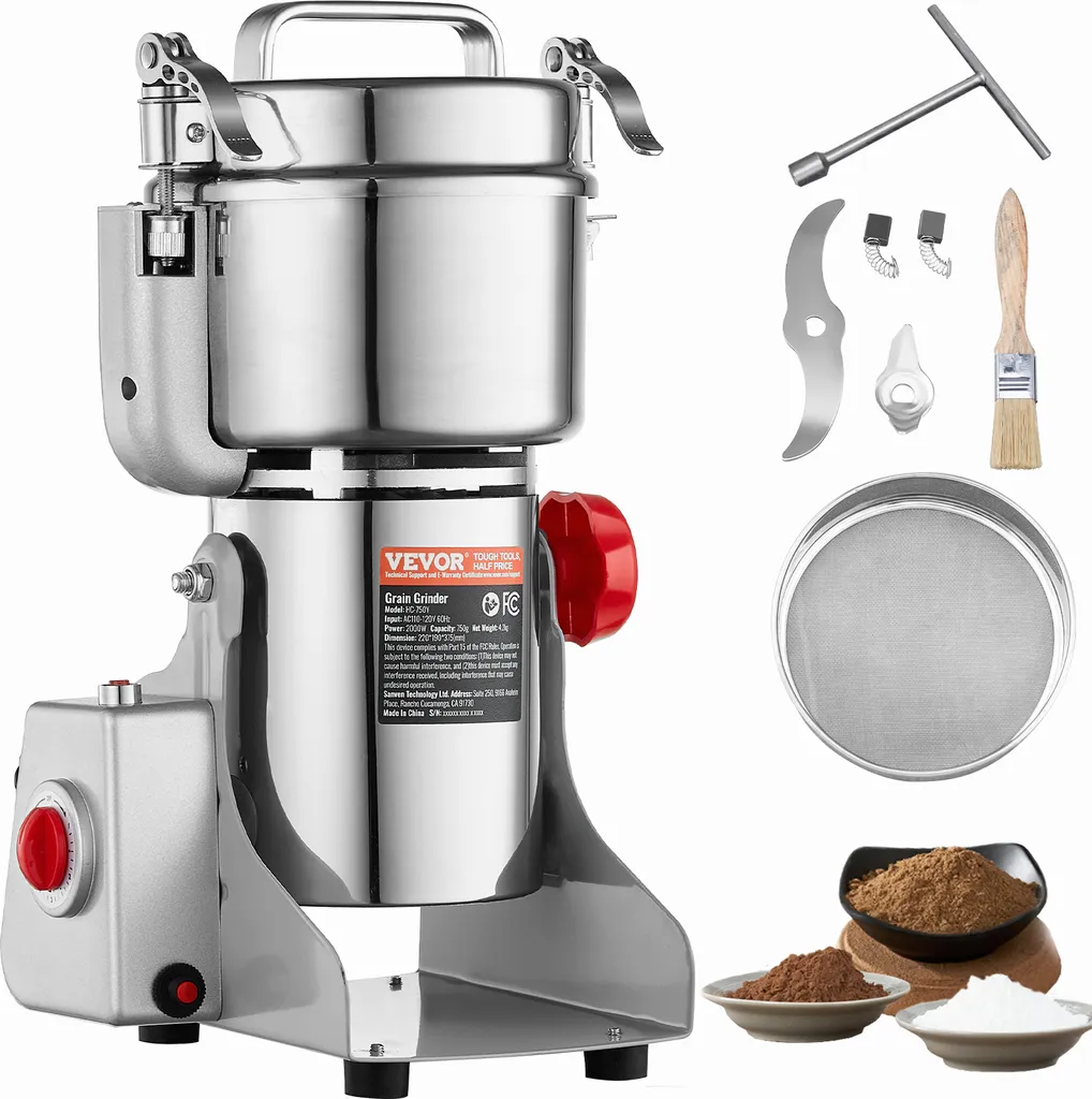 VEVOR 750g Electric Grain Mill, High-Speed ​​Spice Mill with 2000W, Stainless Steel Pulverizer, for Dry Grains, Spices, Muesli, Coffee, Corn, Pepper, Swivel Type