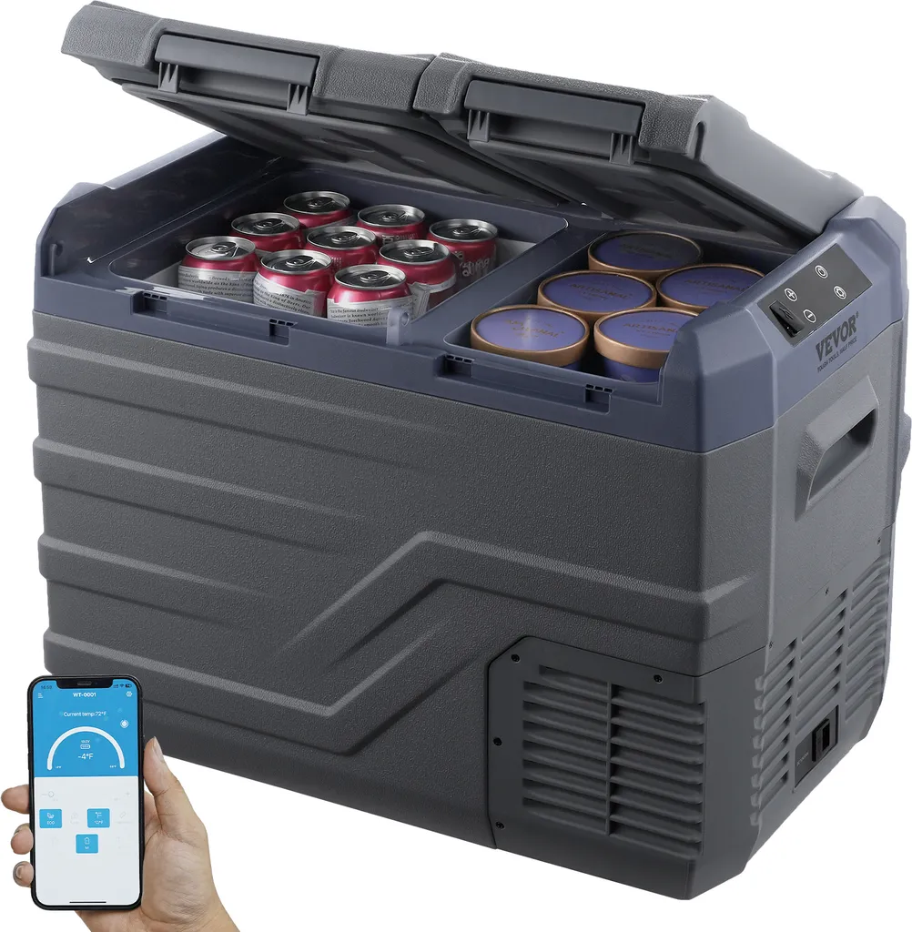 VEVOR Car Refrigerator, 12-Volt Car Refrigerator, Portable 32-Liter Dual-Zone Freezer, Adjustable Temperature Range from -4℉ to 68℉, 12/24V DC and 100-240V AC Compressor Cooler for Outdoor Use, Camping, RV