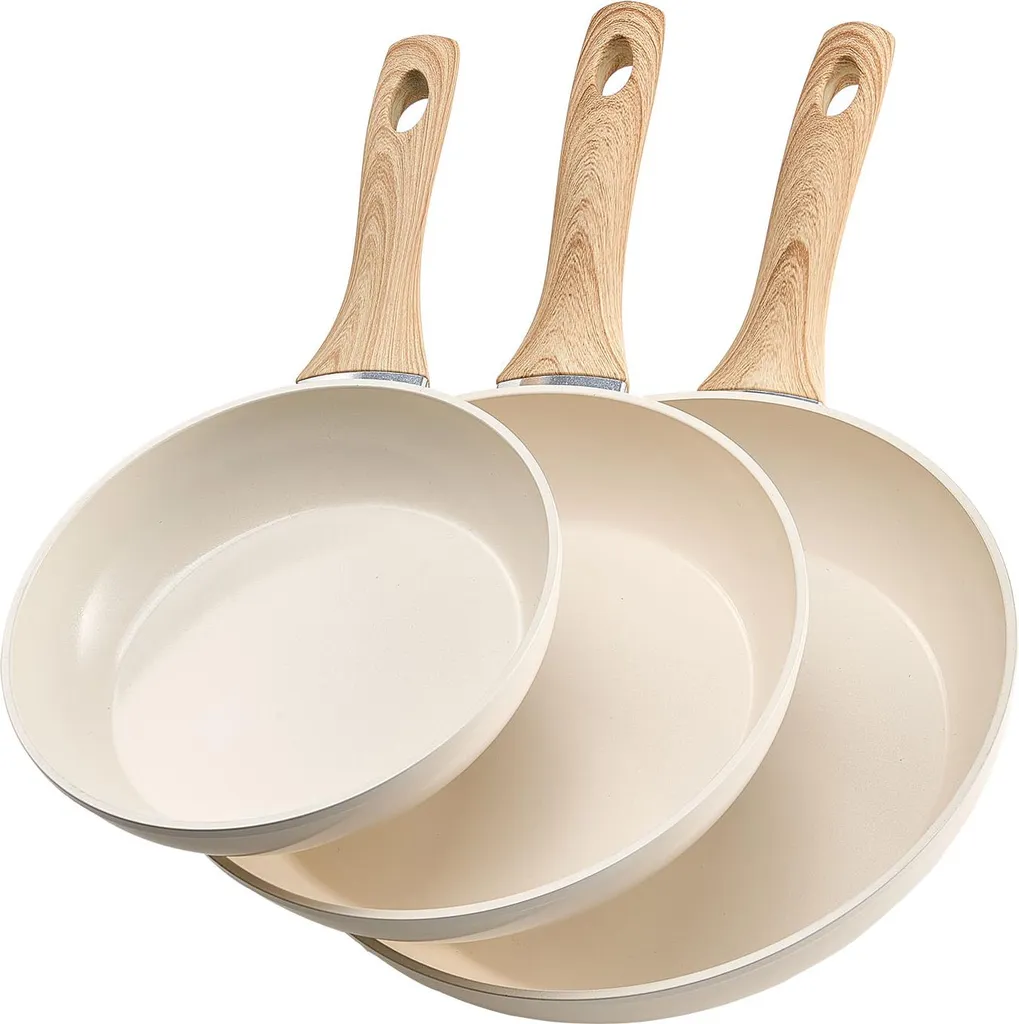 VEVOR 3-piece frying pan set (200 / 240 / 280 mm), high-performance aluminum frying pans (non-stick coating), cooking pan, kitchen cookware suitable for gas, electric, and induction hobs, beige