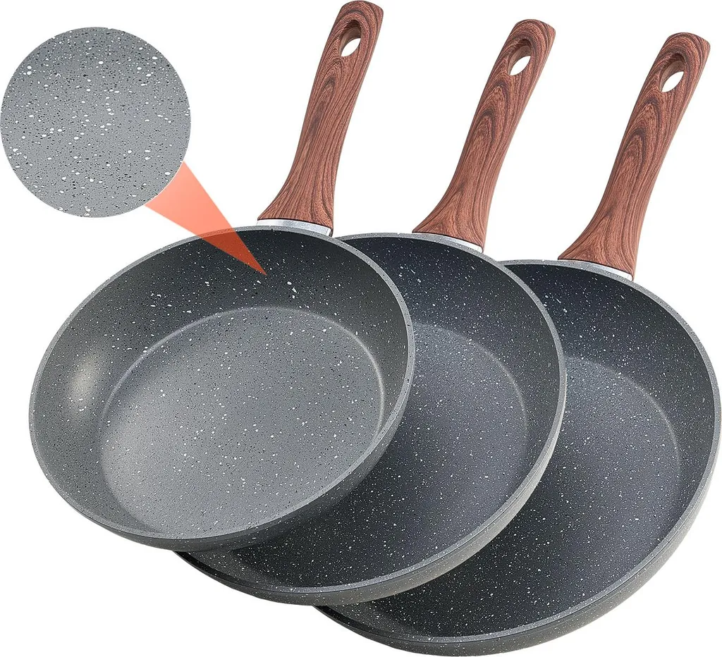 VEVOR 3-piece frying pan set (250 / 280 / 325 mm), high-performance aluminum frying pans (non-stick coating), cooking pan suitable for gas, electric, and induction cooktops, grey
