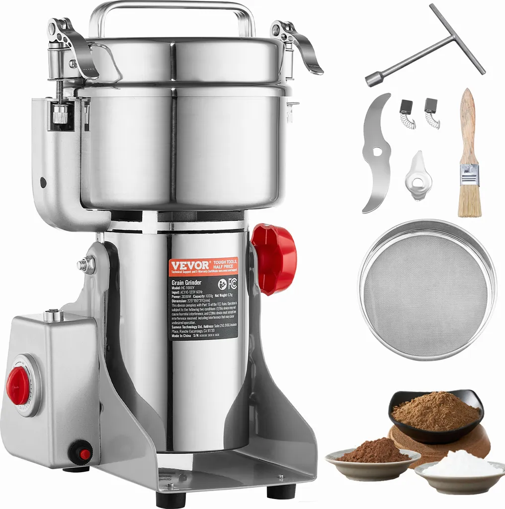 VEVOR Electric Grain Mill, 1000 g, High-Speed ​​Spice Mill with 3000 W, Commercial Spice Mill, Stainless Steel Pulverizer, Cereal, Coffee, Corn, Pepper, Swivel Type
