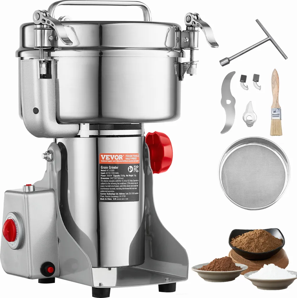 VEVOR Electric Grain Mill, High-Speed ​​Spice Mill, 2 kg, 3400 W, Stainless Steel Pulverizer, for Dry Grains, Spices, Muesli, Coffee, Corn, Pepper, Swivel Type, 24 x 23 x 38 cm