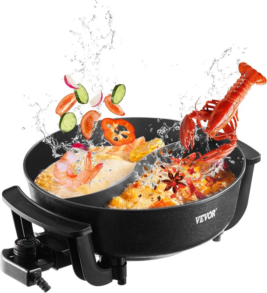 VEVOR Electric Hot Pot 1360 W 5 L Shabu-Shabu Pot with Two Flavors, Non-Stick Electric Stove with Divider, Clear Glass Lid, Temperature Control, Hot Pot for 6-10 People