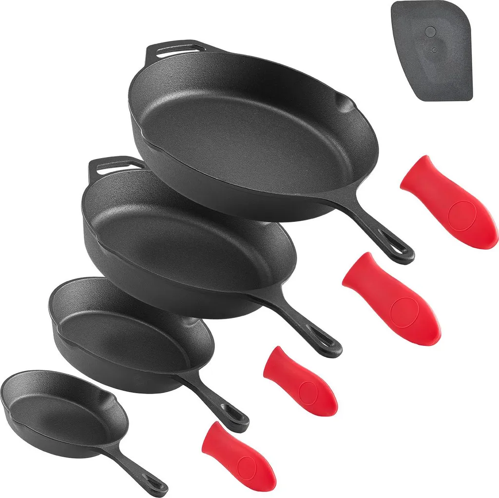 VEVOR Cast Iron Frying Pan Set (150 / 205 / 260 / 305 mm), High-Performance Frying Pans with Heat-Resistant Handle, Cooking Pan, Kitchen Cookware, Suitable for Oven, Gas, Electric, Black