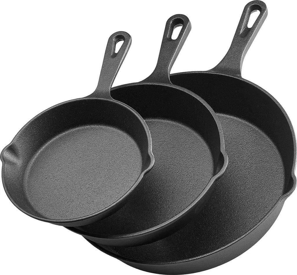 VEVOR Cast Iron Frying Pan Set (160 / 220 / 265 mm), High-Performance Frying Pans with Heat-Resistant Handle, Cooking Pan, Kitchen Cookware, Suitable for Oven, Gas, Electric, Black