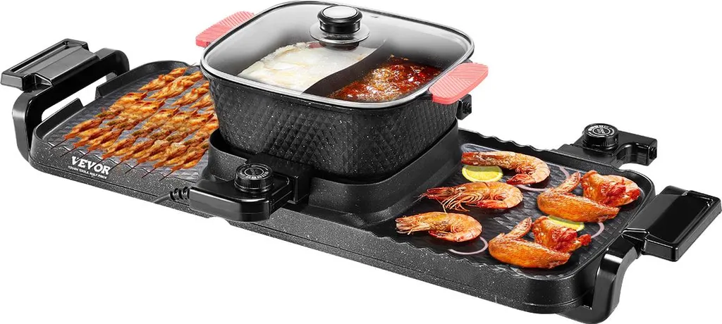 VEVOR Hot Pot 2300 W 2 in 1 Electric Smokeless Grill, Removable Shabu-Shabu Pot with Non-Stick Pan, Separate Dual Temperature Control, Korean Indoor BBQ Grill for 1-6 People