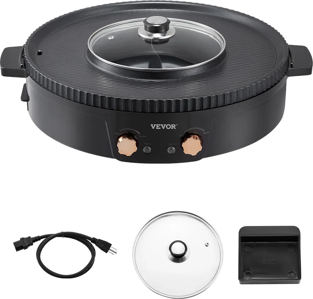 VEVOR Hot Pot with Grill 1800 W 2 in 1 Electric Smokeless Grill, Korean BBQ Grill Fire Pot with Separate Dual Temperature Control, Non-Stick Pan, for 2-8 People