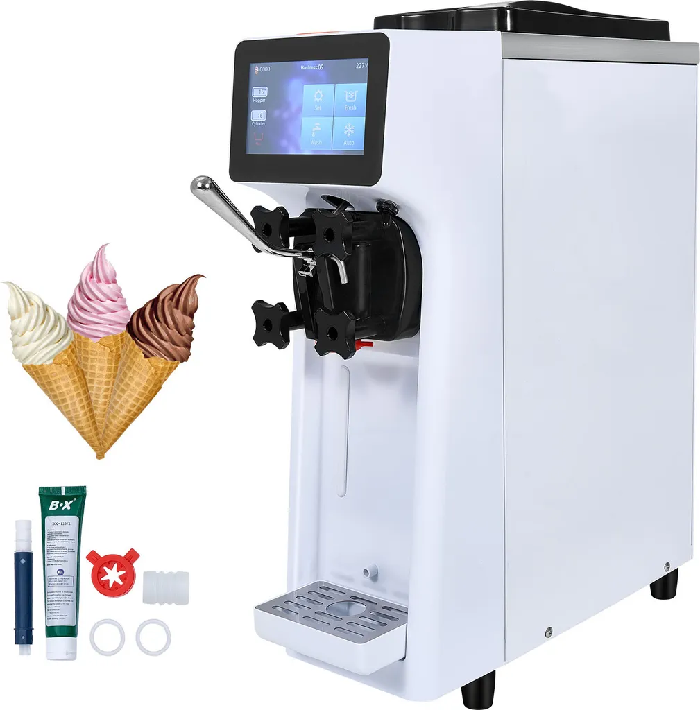 VEVOR Commercial Ice Cream Machine, 10 L/h Capacity, Soft Serve Machine, Single Flavor, Countertop, 4 L Hopper, 1.6 L Cylinder, Touchscreen, Automatic Cleaning, Pre-Cooling, Snack Bars