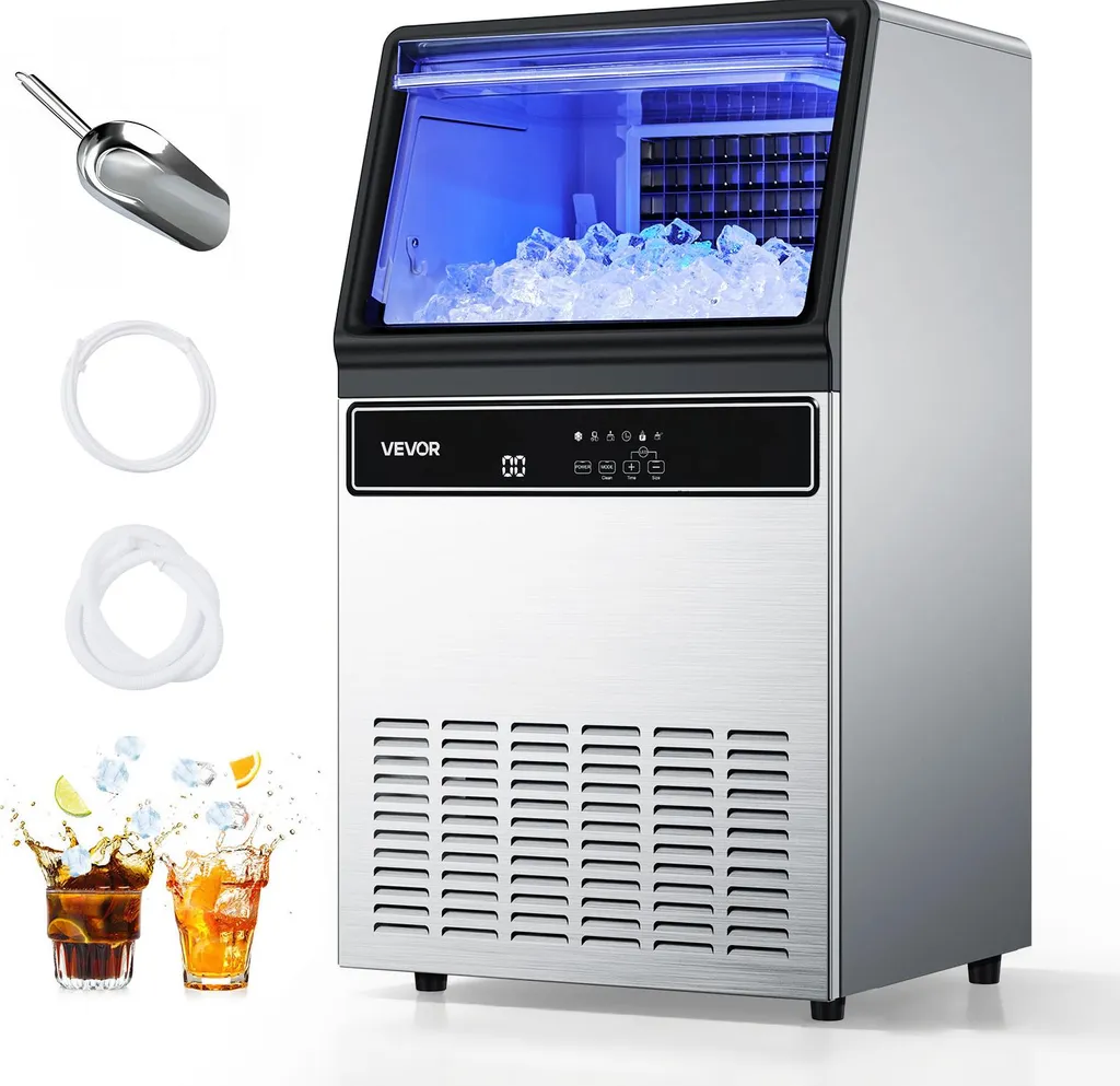 VEVOR commercial ice machine, ice cube maker 59 kg/day with 15 kg storage, freestanding and under-counter stainless steel ice cube maker with LED display & self-cleaning