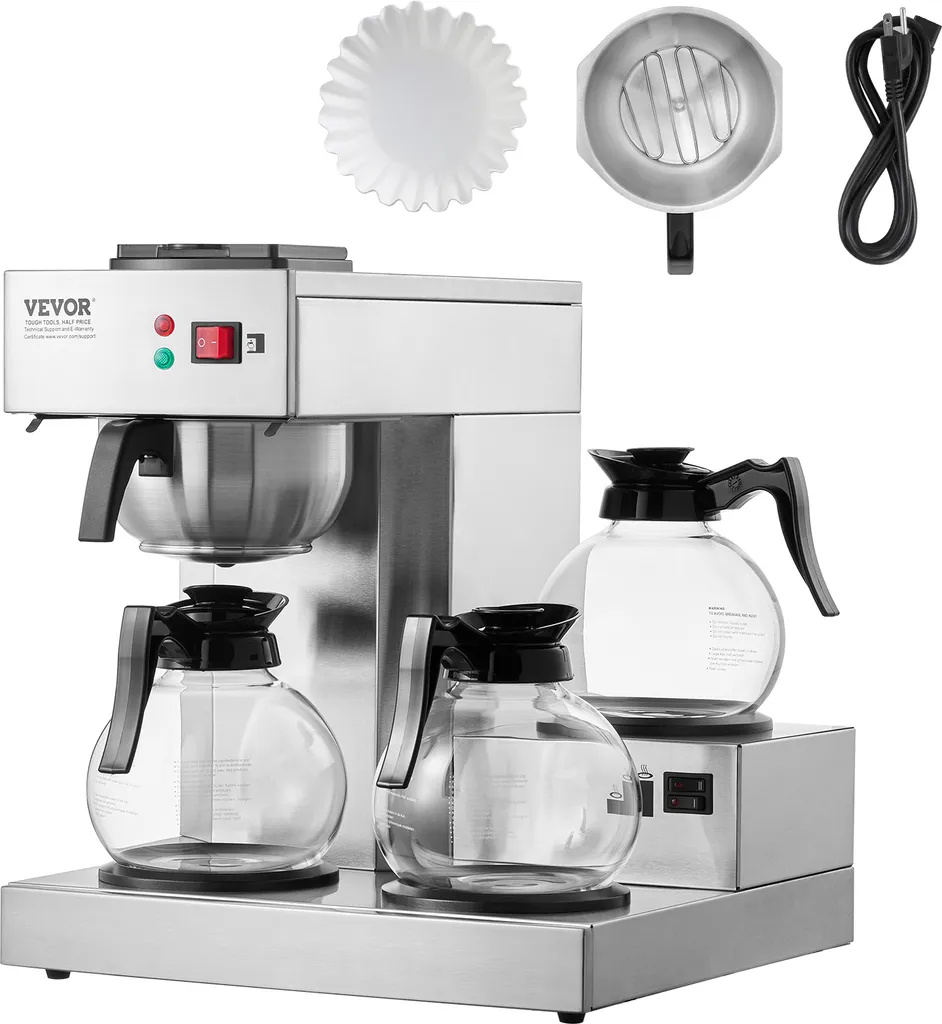 VEVOR commercial 12-cup filter coffee machine, stainless steel coffee maker with automatic water supply for restaurants, offices, cafes