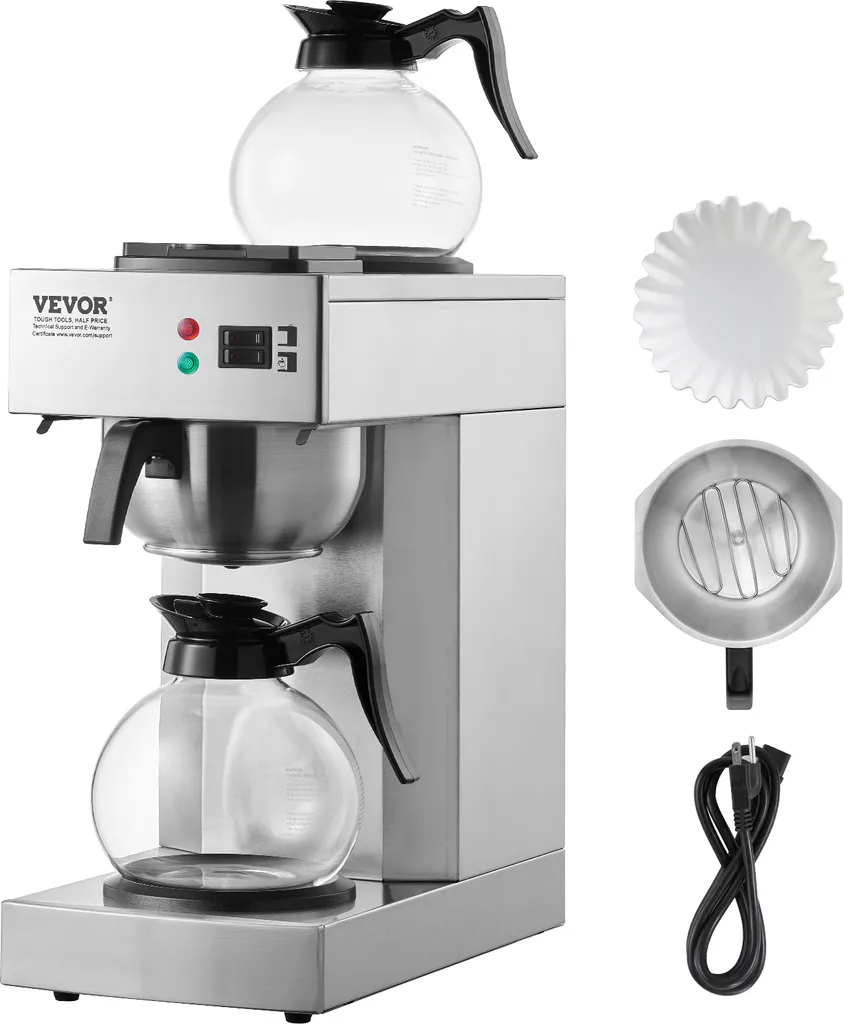 VEVOR Commercial Filter Coffee Machine for 12 Cups with 2 Carafes and 2 Heating Plates, Pour-Over Coffee Machine Made of Stainless Steel