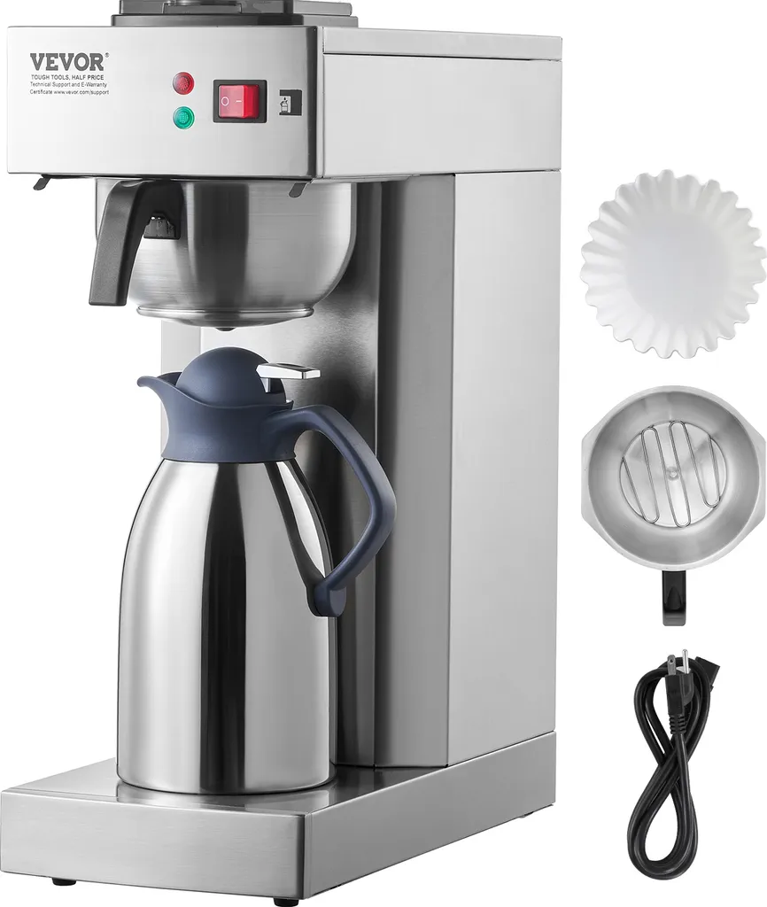 VEVOR commercial filter coffee machine for 12 cups with thermos or cold thermos flask and 2.8 l water tank, stainless steel brewing coffee machine
