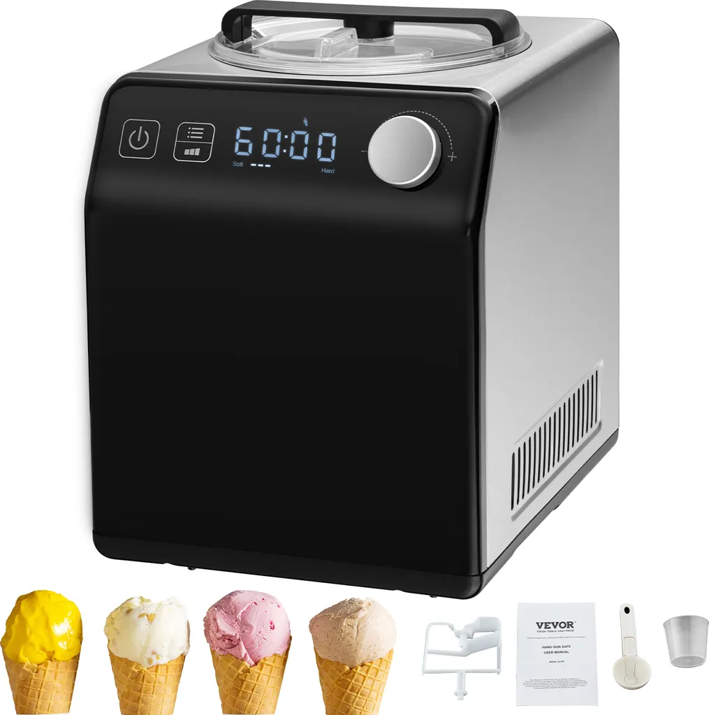 VEVOR Compressor Ice Cream Maker, 2L Capacity, 180W, Frozen Yogurt Maker, 3 Modes, Portable Ice Cream Maker for Sorbet, Gelato, Low Noise, Black, Electric