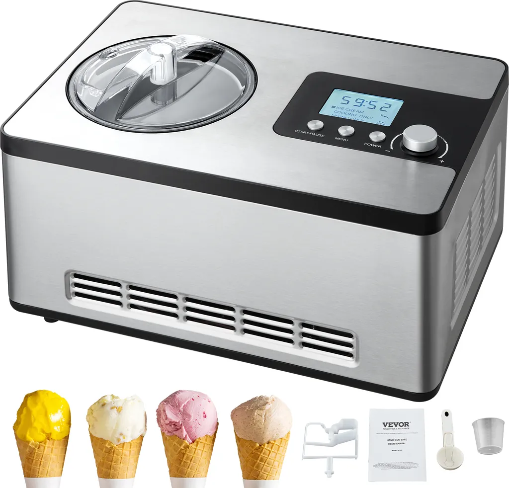 VEVOR Compressor Ice Cream Maker, 2L, 180W, Frozen Yogurt Maker, 3 Modes, Portable Ice Cream Maker for Sorbet, Gelato, Low Noise, Silver, Electric