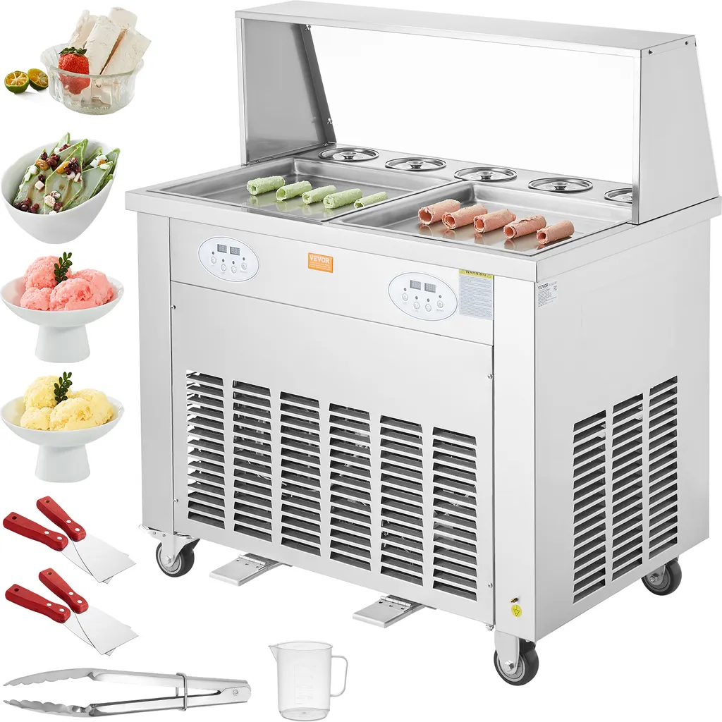VEVOR machine for deep-fried ice cream rolls, 2 pieces 380 x 380 mm square pans for deep-frying ice cream, commercial stainless steel ice cream machine with compressor and 4 scrapers