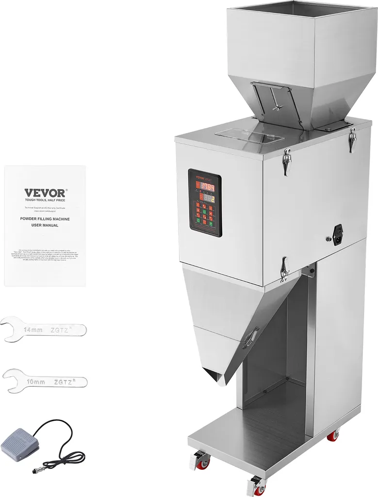 VEVOR particle filling machine, 20–5000 g, automatic filling machine with foot pedal, stainless steel weighing filling machine, weighing filler for beans, seeds, grains, tea, granule packaging