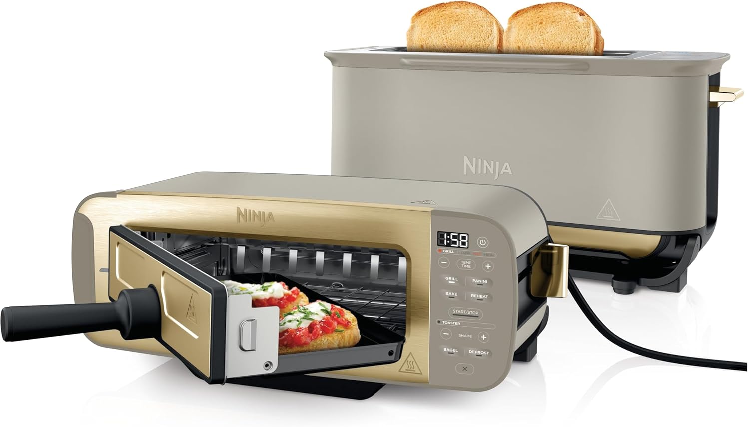 Ninja Foodi ST202EUSTGD 3-in-1 Toaster, Electric Grill with Lid, Panini Press with Flip Design, 7 Cooking Functions, 7 Toast Lines, Baking Tray and Crumb Tray, Stone Gold