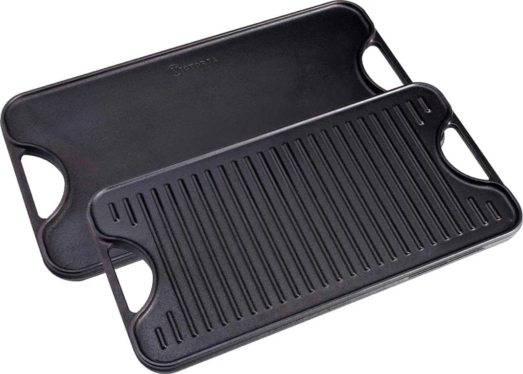 Victoria 31770 Enamelled Cast Iron Grill Pan 47x25cm for Fire Grill, PTFE Free, Black