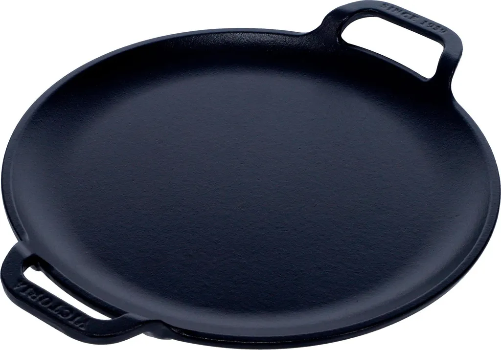 Victoria 31800 Cast Iron Grill Plate for Pizza, 25cm Pan with Handles, Induction, Fire, Oven, Black
