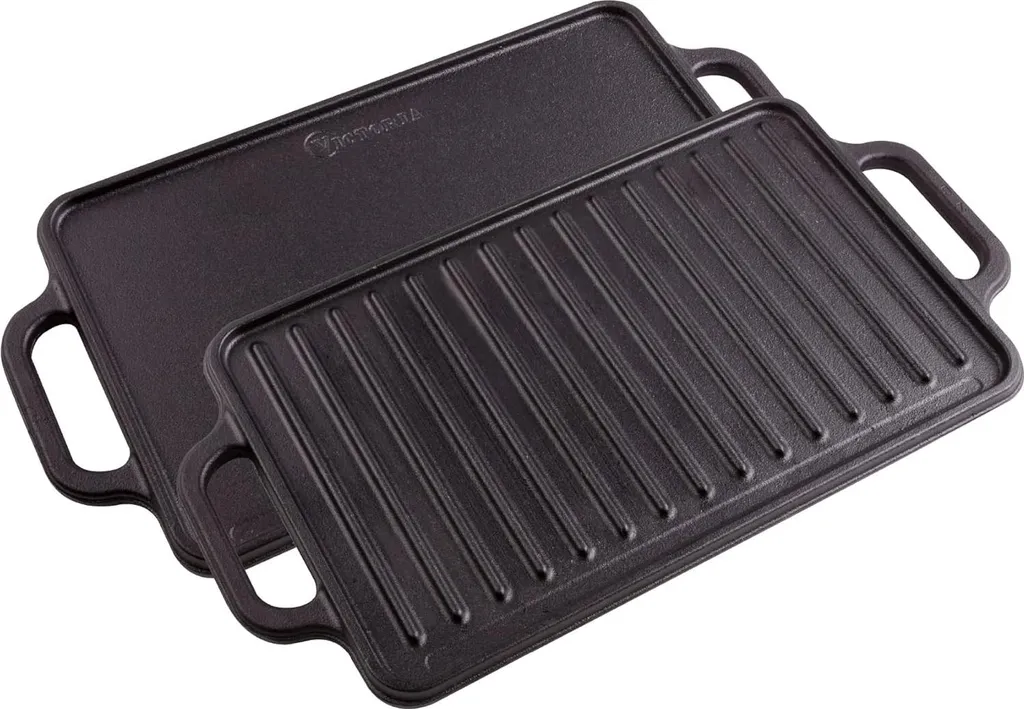 Victoria 36058 Cast Iron Griddle/Grill Pan, 33 x 21 cm, for Fire and Grill Use, PTFE-Free, Black