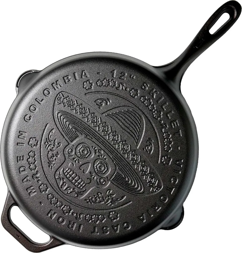 Victoria Calaca Frying Pan Cast Iron Enamelled, Induction Compatible 30cm Day of the Dead Calaca Black