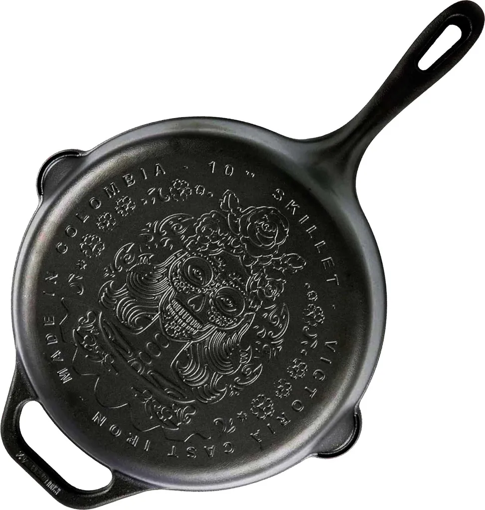 Victoria Catrina Cast Iron Frying Pan, Seasoned, Induction Compatible, 25cm, Day of the Dead Catrina Black