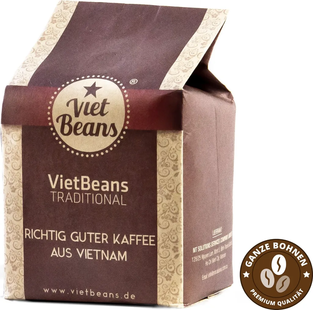 VietBeans Traditional – Whole Coffee Beans – Traditional Drum Roasting – High-Quality Vietnamese Coffee – Suitable for Fully Automatic Coffee Machines – 250g