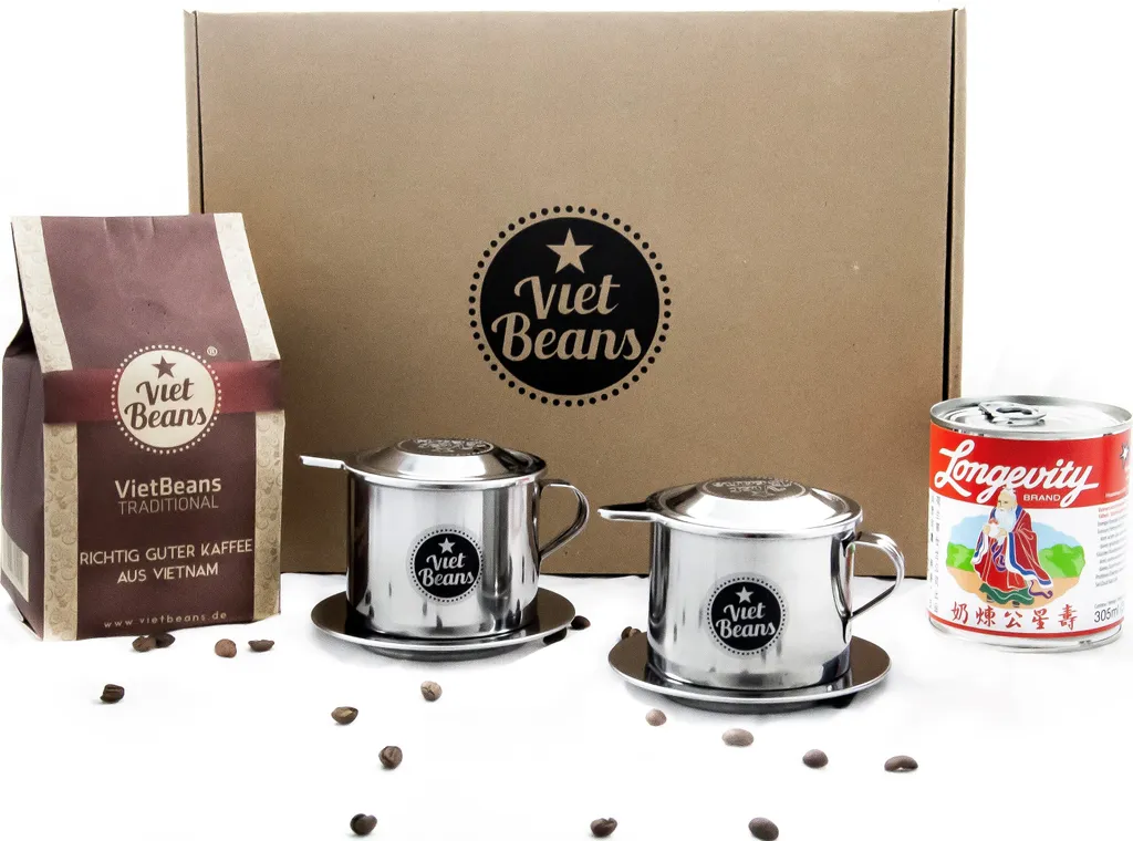 VietBeans Vietnamese Coffee Starter Set "Breakfast for Two" - 250g Ground Traditional Coffee + 2 x Stainless Steel Filters (Phin) + Sweetened Condensed Milk - Coffee Gift
