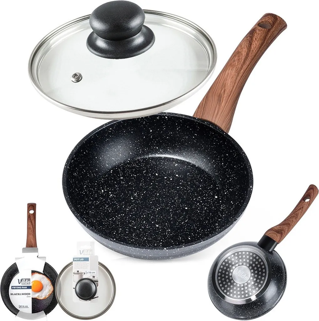 Vilde Granite Frying Pan with Glass Lid BLACK&WOOD 16 cm