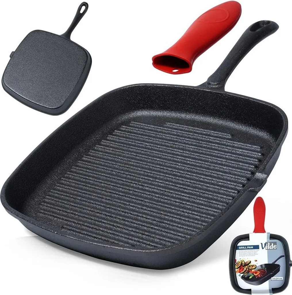 Vilde Cast Iron Pan, Cast Iron Grill Pan with Silicone Handle Protector, CAST LINE, 24.5 x 24 cm
