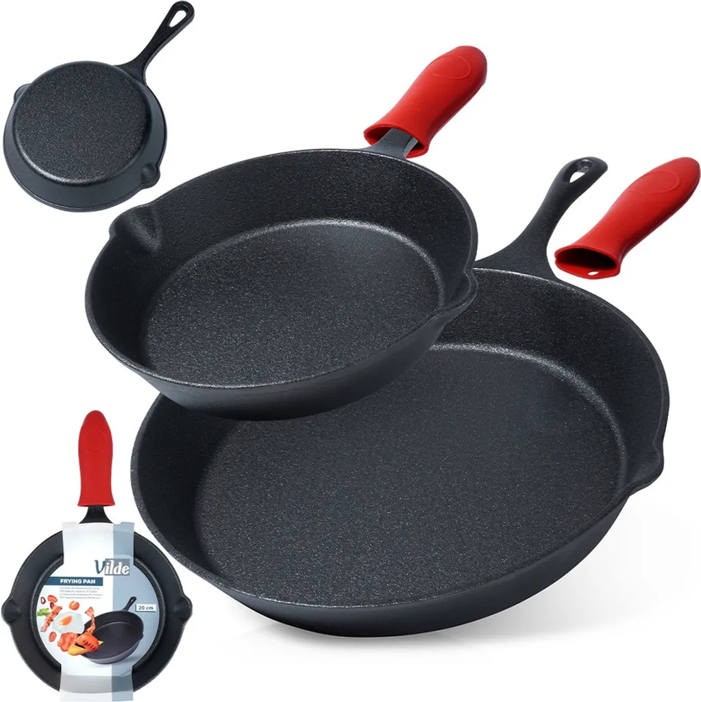 Vilde Cast Iron Pan Set, Iron Pan, Grill Pan with Silicone Handle Protector, CAST LINE 20 cm / 30 cm, 2 pcs.