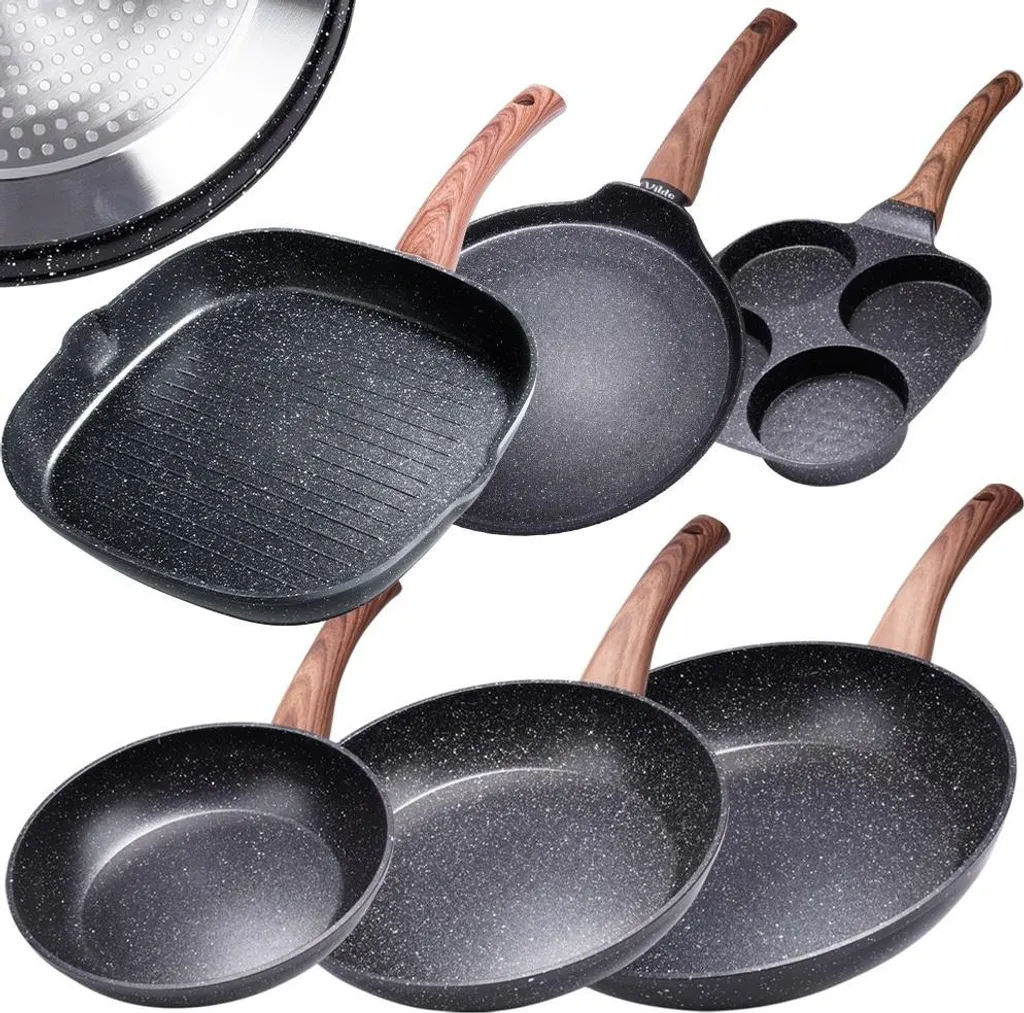 Vilde | Pan Set - 20 / 24 / 28 cm + Grill Pan, Crepe Pan, Egg Pan - 6 Pieces - Non-Stick Coated - Wooden Handle