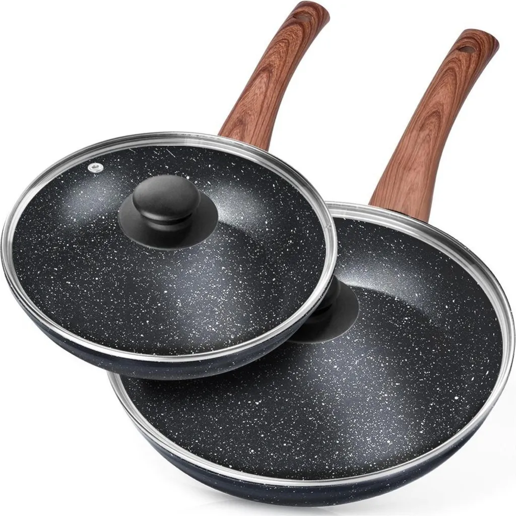 Vilde | Set of 2 pans - frying pan 20/26 cm - with lid - induction-compatible pan with non-stick coating - BLACK and WOOD